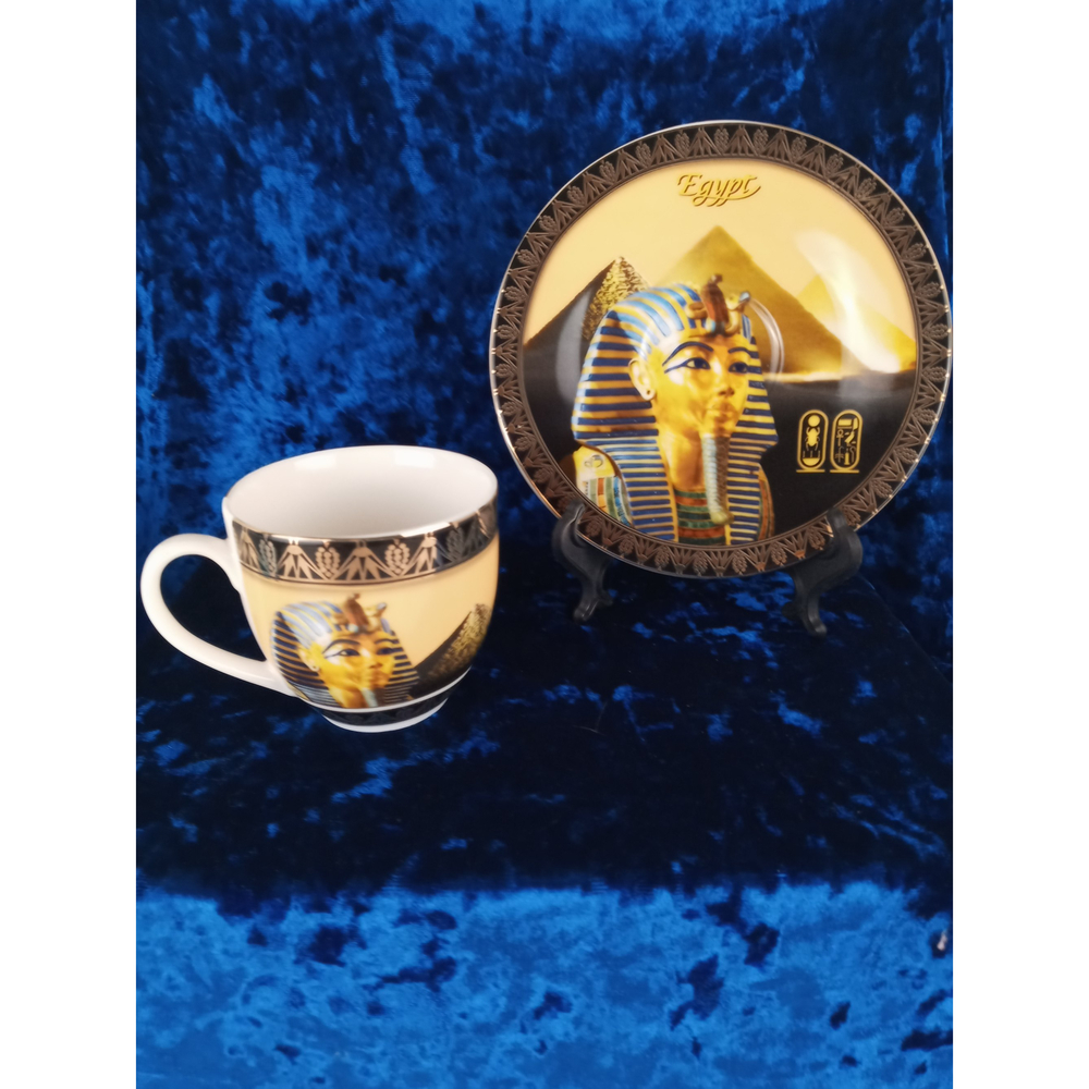 Fathi Mahmoud Limoges Egypt Porcelain Cup & Saucer King Tut & Pyramids Design